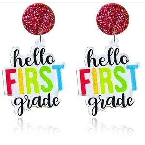 Fun Teacher Earrings Hello First Grade Dangle Acrylic School